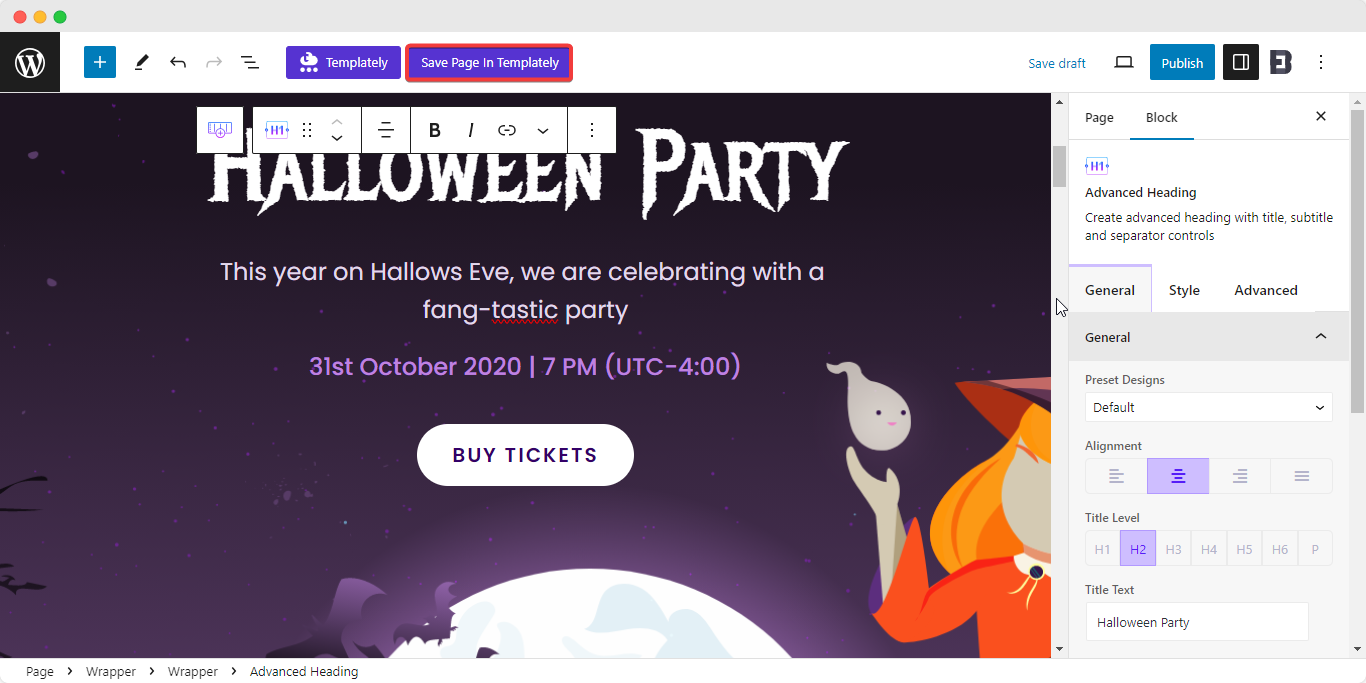 save page in templately to create halloween page