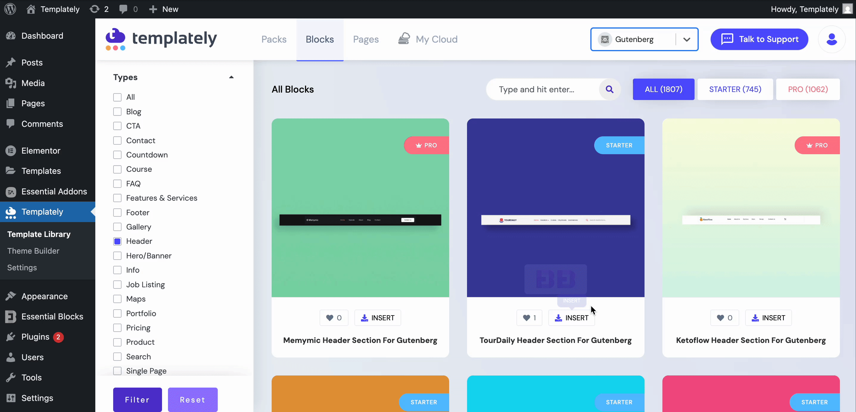 Choose template block navigation bar